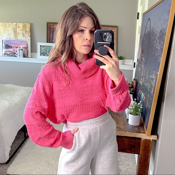 Vintage cowl turtle neck pink Barbie long sleeve chunky knit sweater tunic 8 - Picture 3 of 12